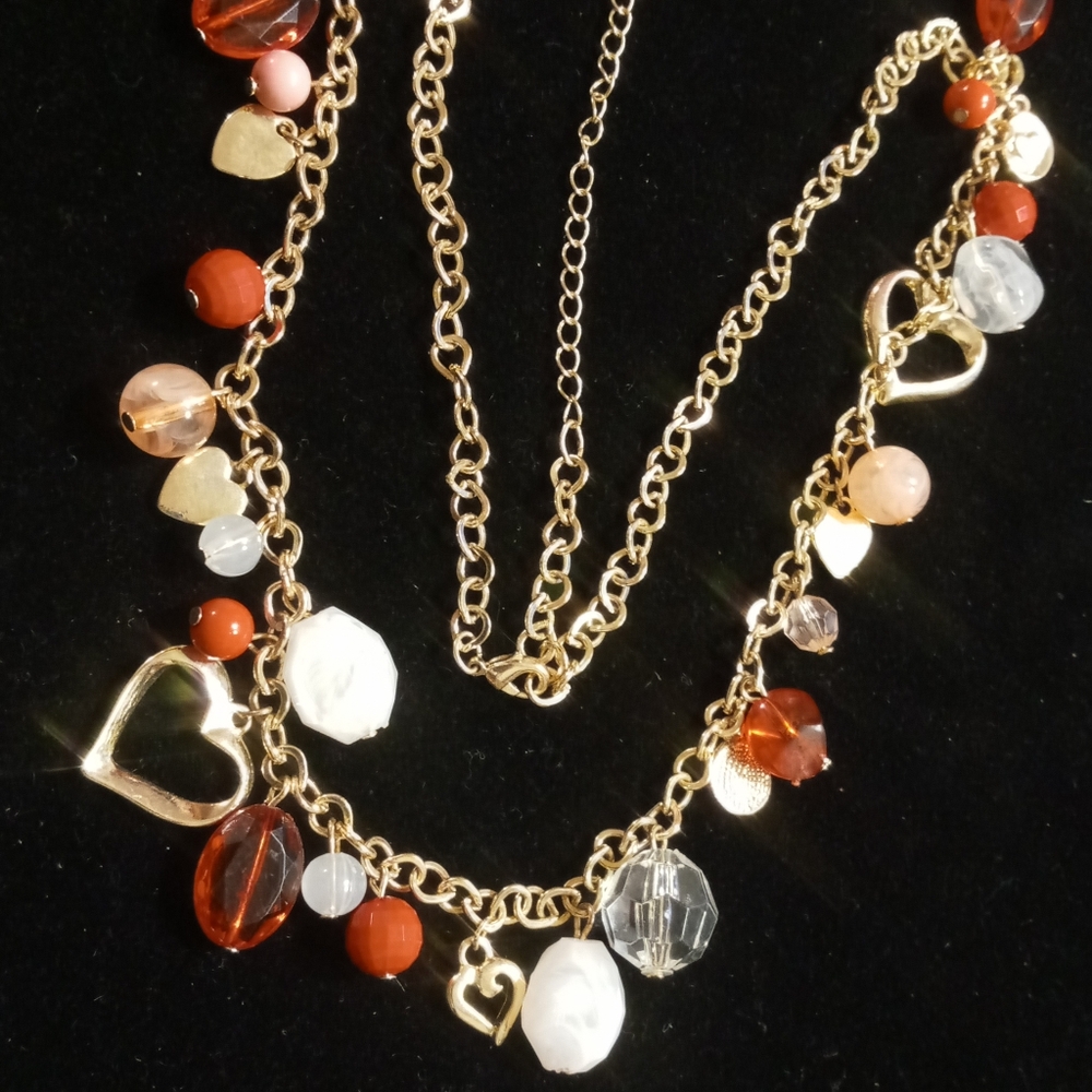 Perfect Valentine's necklace gold tone hearts red white Marbled & pink beaded.